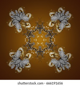 Vector design for textile, wallpaper, fabric, wrapping paper. Brown simple Christmas pattern - varied Xmas gold snowflakes with dots. Happy New Year winter background.