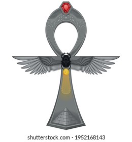 Vector design of threaded cross, symbol of ancient Egypt decorated ankh, eye of horus, winged scarabs, egyptian pyramid,