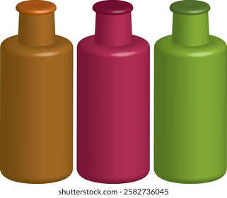 Vector design three 3D bottles in three colors