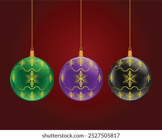 vector design of three decorative balls which are Christmas decorations consisting of green, black and purple on a dark red background