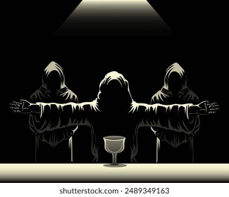 vector design of three people in black robes under the light of a lamp with a head covering one in front of him is spreading his hands in front of him there is a table and a trophy