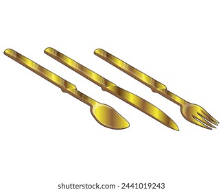 vector design of three pieces of cutlery, namely a fork and spoon and a meat cutting knife made of gold