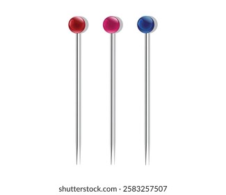 vector design of three red pins, pink and blue which are usually used for sewing, making patterns and handicrafts, mostly used for fabric or clothes