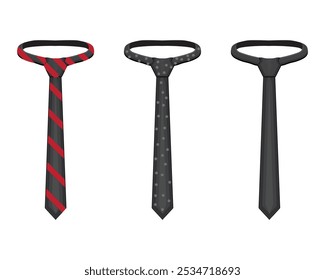 Diseño de Vector de tres corbatas para hombres con un color de base negro liso y también negro con un Pequeño patrón de círculo gris y también un patrón de rayas rojas