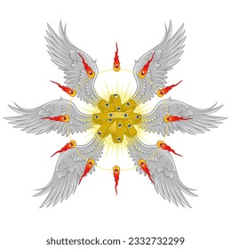 Vector design of throne type angel of Christian theology. Biblical angel with six wings. Catholic Archangel with Halo and Feathers, Throne of Winged God