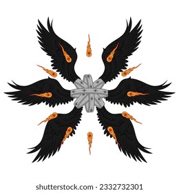 Vector design of throne type angel of Christian theology. Biblical angel with six wings. Catholic Archangel with Halo and Feathers, Throne of Winged God