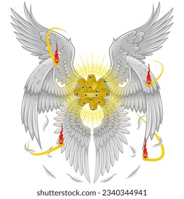 Vector design of throne type angel of Christian theology. Biblical angel with six wings. Catholic Archangel with Halo and Feathers, Throne of Winged God