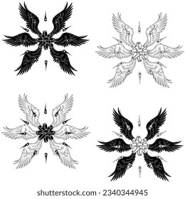 Vector design of throne type angel of Christian theology. Biblical angel with six wings. Catholic Archangel with Halo and Feathers, Throne of Winged God