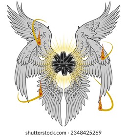 Vector design of throne type angel of Christian theology. Biblical angel with six wings. Catholic Archangel with Halo and Feathers, Throne of Winged God