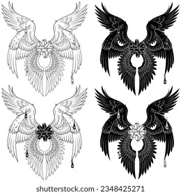 Vector design of throne type angel of Christian theology. Biblical angel with six wings. Catholic Archangel with Halo and Feathers, Throne of Winged God