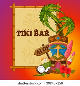 Vector design of Tiki bar poster with tribal mask