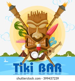 Vector design of Tiki bar poster with tribal mask
