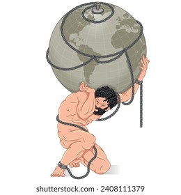 Vector design of the titan Atlas chained to the planet Earth, titan from Greek mythology holding the earth sphere