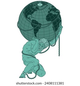 Vector design of the titan Atlas chained to the planet Earth, titan from Greek mythology holding the earth sphere