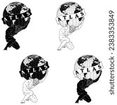 Vector design of Titan Atlas holding the planet Earth, Greek mythology titan holding the Earth sphere, surrounded with ribbon