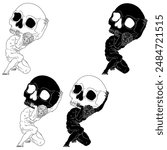 Vector design of the titan Atlas holding a skull on his shoulders, titan from Greek mythology with Halloween skull