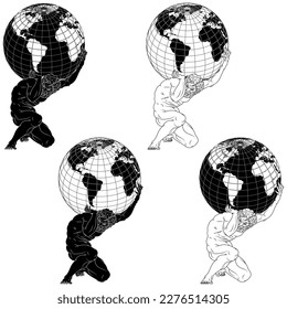 Vector design of the titan Atlas holding the planet earth on his shoulders, titan from Greek mythology holding the earth sphere.