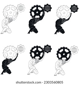 Vector design of titan Atlas holding cogwheels on his shoulders, titan from Greek mythology holding gears