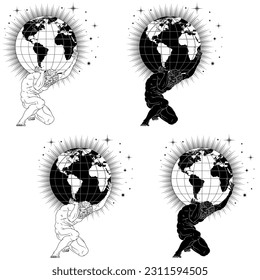 Vector design of titan Atlas holding planet earth on his shoulders, titan from greek mythology holding earth sphere with starry background