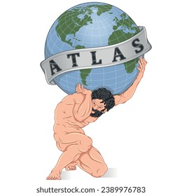 Vector design of Titan Atlas holding the planet Earth, Greek mythology titan holding the Earth sphere, surrounded with ribbon