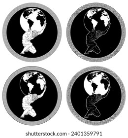 Vector design of Titan Atlas holding planet Earth, ancient Greece amphora art, Greek mythology titan