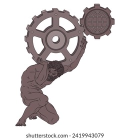 Vector design of titan Atlas holding cogwheels on his shoulders, titan from Greek mythology holding gears