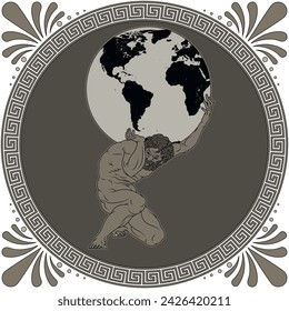 Vector design of Titan Atlas holding planet Earth, ancient Greece amphora art, Greek mythology titan