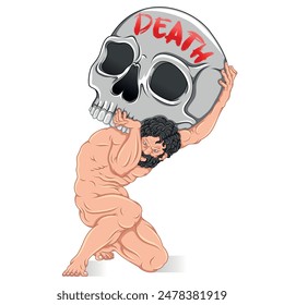 Vector design of the titan Atlas holding a skull on his shoulders, titan from Greek mythology with Halloween skull