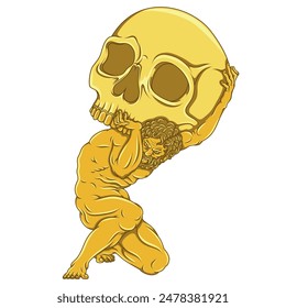 Vector design of the titan Atlas holding a skull on his shoulders, titan from Greek mythology with Halloween skull