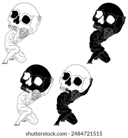 Vector design of the titan Atlas holding a skull on his shoulders, titan from Greek mythology with Halloween skull