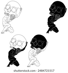 Vector design of the titan Atlas holding a skull on his shoulders, titan from Greek mythology with Halloween skull