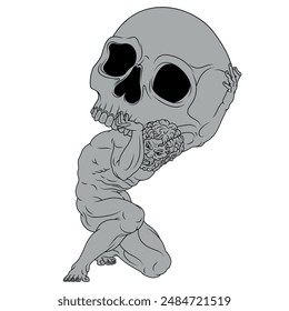 Vector design of the titan Atlas holding a skull on his shoulders, titan from Greek mythology with Halloween skull