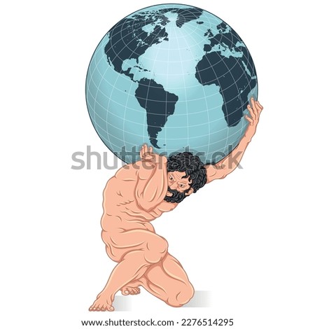 Vector design of the titan Atlas holding the planet earth on his shoulders, titan from Greek mythology holding the earth sphere.