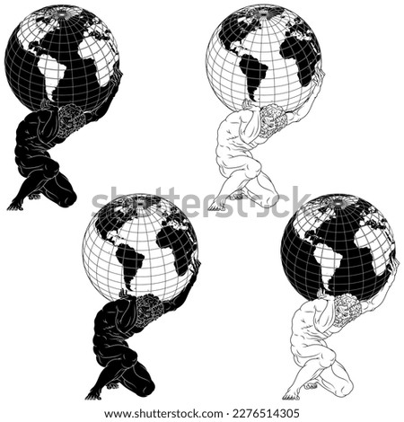 Vector design of the titan Atlas holding the planet earth on his shoulders, titan from Greek mythology holding the earth sphere.