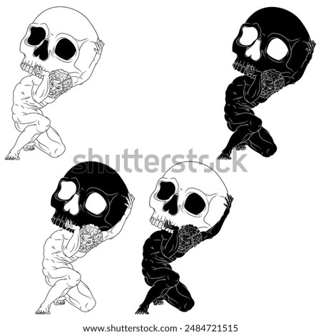 Vector design of the titan Atlas holding a skull on his shoulders, titan from Greek mythology with Halloween skull
