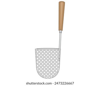 vector design of a tool for filtering fried foods such as noodles or beef or chicken called a frying drain whose handle is made of wood and the filter part is made of iron