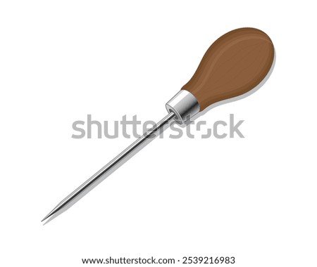 Vector design of a tool shaped like a sharp needle with a handle made of brown wood called Stitching awl wood which is usually used to attach threads to leather objects