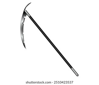 vector design of a tool similar to a sickle or sword with a black handle called a skythe which is usually used by grim reapers in Halloween themes