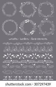 Vector design toolkit includes: 6wreaths,7borders and individual floral elements.Easy to change the colors and creating logos with leaves and flowers.Floral hand drawn elements.Big set floral elements