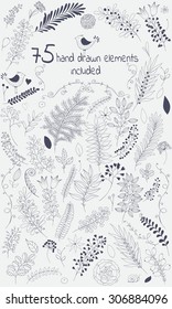 The vector design toolkit includes 75 individuals floral hand drawn elements.This elements come in black version for your own design.Big set floral elements with flowers,leaves,berries and so on.