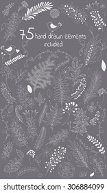 The vector design toolkit includes 75 individuals floral hand drawn elements.This elements come in white version for your own design.Big set floral elements with flowers,leaves,berries and so on.