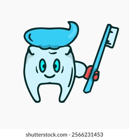 vector design of tooth with toothpaste and holding toothbrush. mascot design in blue on a white background