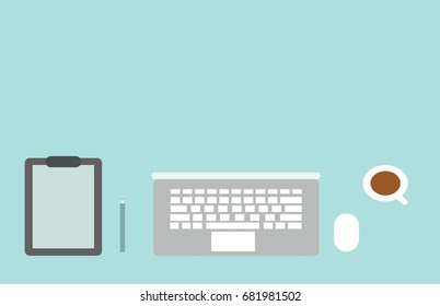 vector design top view of office table, consist of a4 paper note, pen, laptop, mouse and a cup of coffee