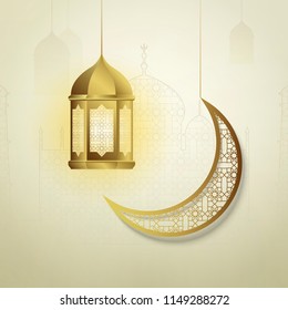 Vector design of traditional muslim lanterns and moon with patterns on the background of ancient mosque