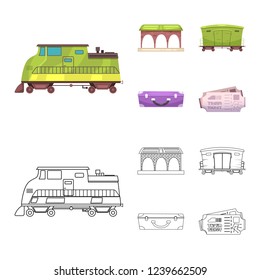 Vector design of train and station icon. Collection of train and ticket vector icon for stock.