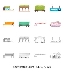 Vector design of train and station sign. Set of train and ticket vector icon for stock.