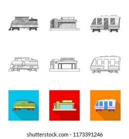 Vector design of train and station sign. Set of train and ticket vector icon for stock.