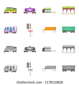 Vector design of train and station sign. Collection of train and ticket stock symbol for web.