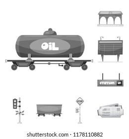 Vector design of train and station sign. Collection of train and ticket vector icon for stock.