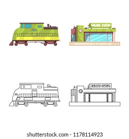 Vector design of train and station sign. Set of train and ticket vector icon for stock.